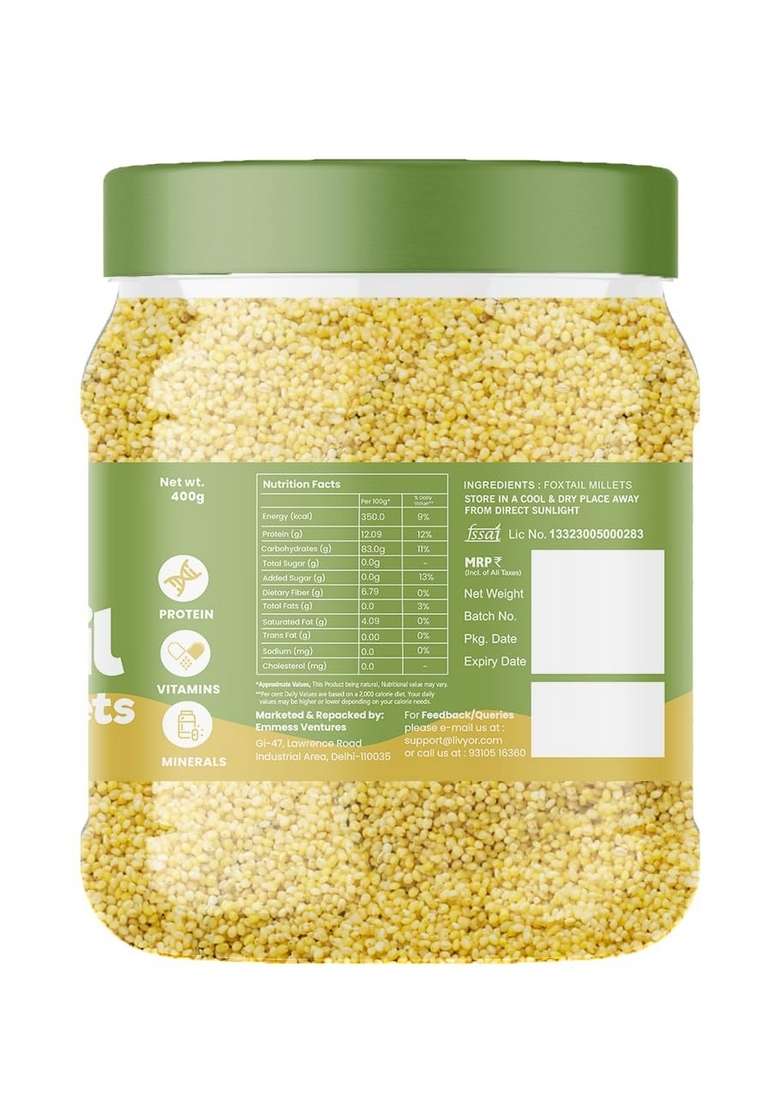 Livyor Foxtail Millets Whole Grain - 400Gm | Cooks In 15-20 Minutes Rice Replacement High Fibre Unpolished Gluten Free Low Gi Kangni/Kakum/Navani/Korralu/Korra/Thinai Pack Of 1 - Indya