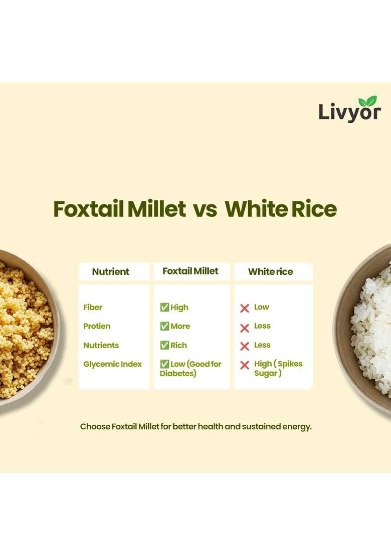 Livyor Foxtail Millets Whole Grain - 400Gm | Cooks In 15-20 Minutes Rice Replacement High Fibre Unpolished Gluten Free Low Gi Kangni/Kakum/Navani/Korralu/Korra/Thinai Pack Of 1 - Indya