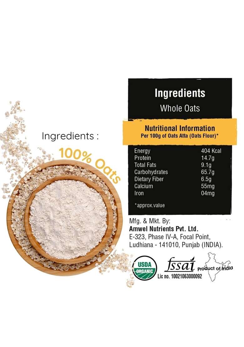 Amwel Organic Oats Flour 450G | Jawi Ka Atta High Dietary Fiber Good For Digestion Gut Health Manages Weight And Diabetic Friendly Low Gi Aata (Vacuum Packed) - Indya