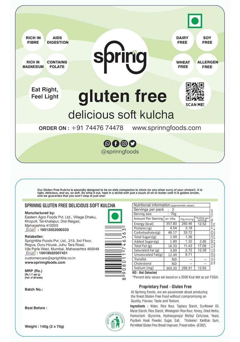 Sprinng Gluten Free Kulcha, 140 Gram, (Pack Of 2) - Indya