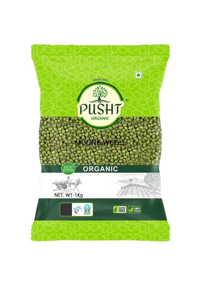 Pusht Organic Moong Whole Dal (Green Moong), Unpolished & Protein-Rich 1Kg - Indya