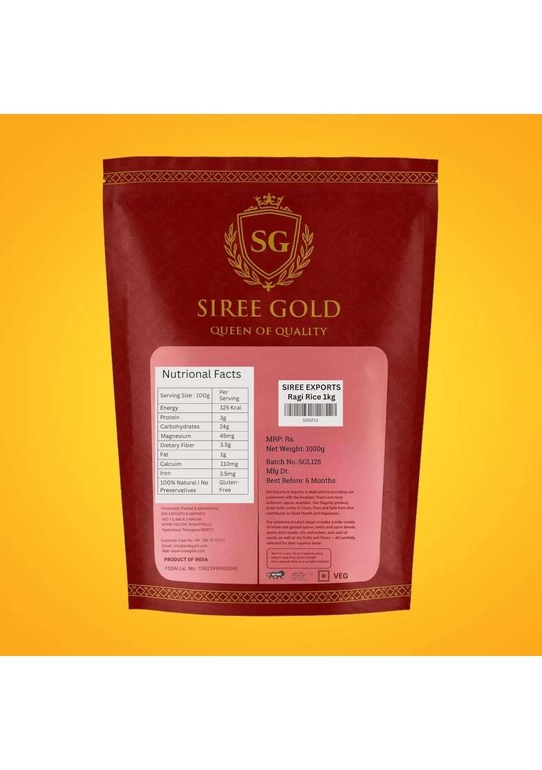 Siree Gold Premium Finger Millet (Ragi, Kezhvaragu) | 100% Natural, Unpolished, Gluten-Free & Calcium-Rich Traditional - 1Kg - Indya