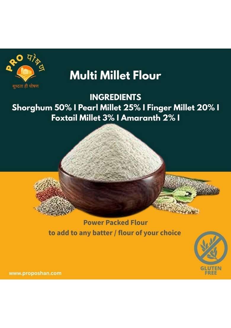 Pro Poshan 5 Element Multi Millet Flour, Gluten Free Blend With Sorghum, Pearl Millet, Finger Amaranth, Foxtail Millets, 750G - Indya