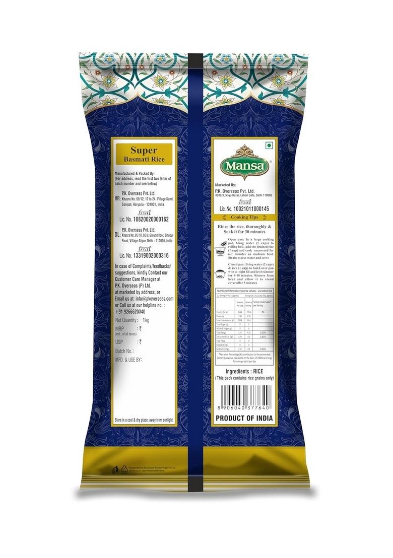 Mansa Super Basmati Rice 1Kg | Aged Long Grain Naturally Aromatic & Fluffy Ideal For Biryani, Pulao Daily Cooking Non-Sticky Hygienically Packed