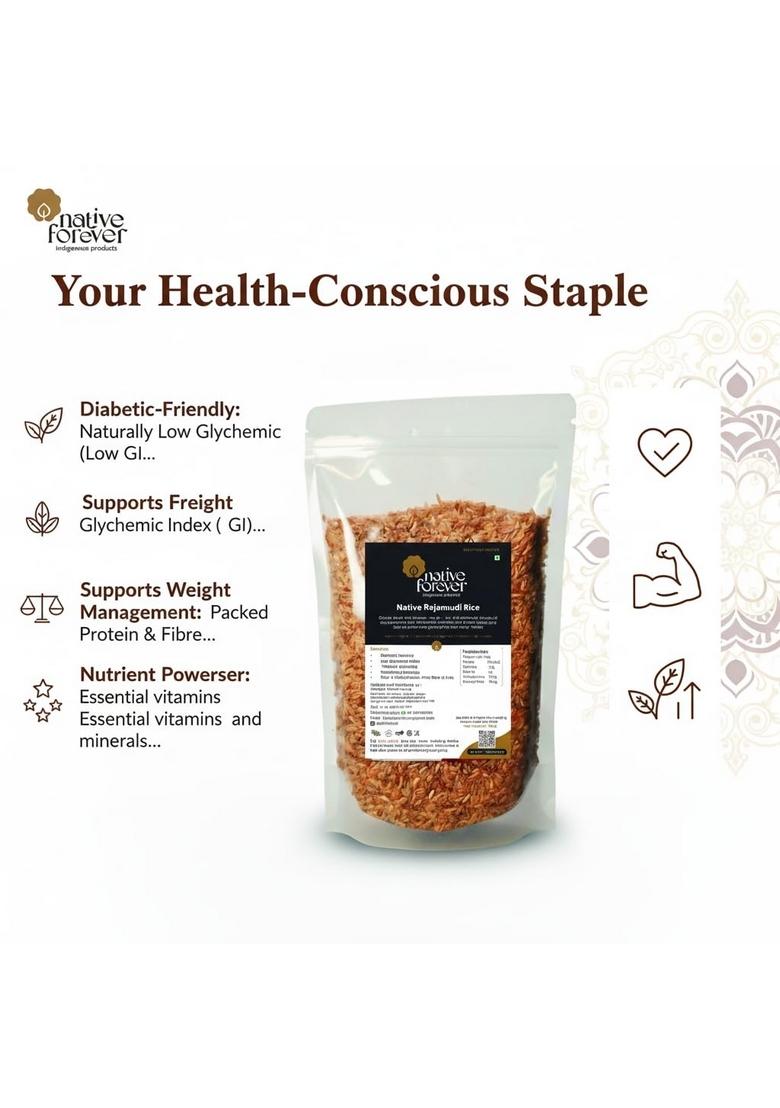 Native Forever Rajamudi Red Rice 900G | Low Gi For Diabetic Organic & Semi-Polished Lal Chawal, Rice, Kempu Akki, Rakthashali Or Brown High Protein Fiber