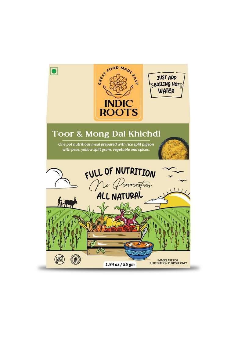 Organic Roots Indic (Formerly Roots) Toor Dal & Moong Khichdi |Instant Food | Healthy Ready To Eat Full Meal Gluten Free No Preservatives, All Natural, Packed With Onion Garlic (Pack Of 1) - Indya