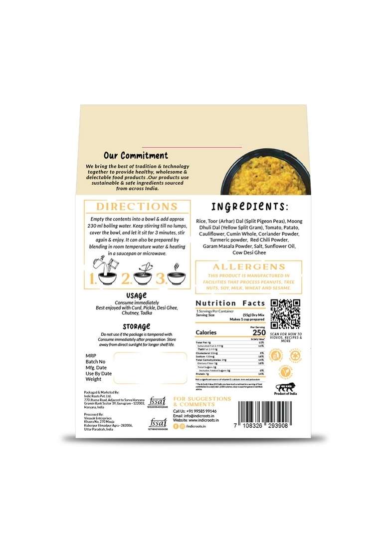 Organic Roots Indic (Formerly Roots) Toor Dal & Moong Khichdi |Instant Food | Healthy Ready To Eat Full Meal Gluten Free No Preservatives, All Natural, Packed With Onion Garlic (Pack Of 1) - Indya
