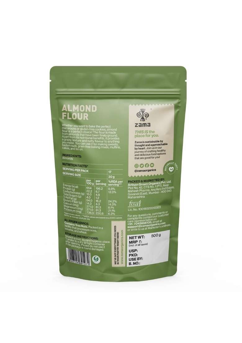 Zama Almond Flour 500 Gm | Badam Powder With Skin Ultra Low Gi Soy-Free And Gluten Free Nutty Subtly Sweet Rich In Antioxidants Non-Gmo No Added Preservatives - Indya