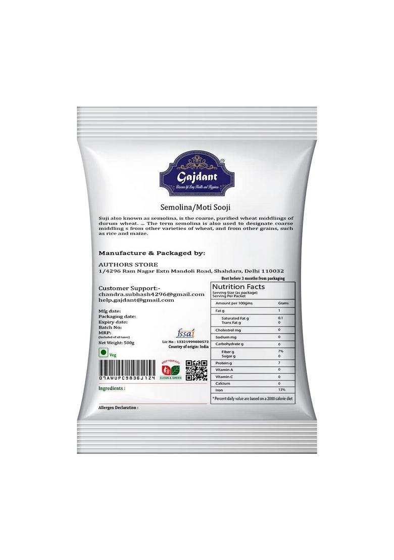Gajdant Moti Sooji | Coarse Semolina Perfect For Upma, Halwa, Idli, Pasta & Baking Ideal Crispy Snacks, Rava Dosa, Porridge