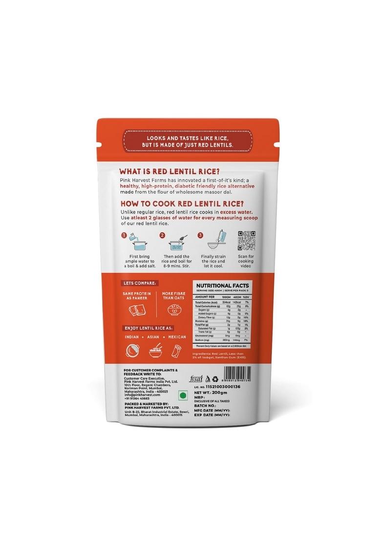 Pink Harvest Farms Red Lentil Rice Alternative, 200G | Diabetic-Friendly High Protein Low Gi Gluten-Free Plant-Based Healthy Substitute (Pack Of 1)