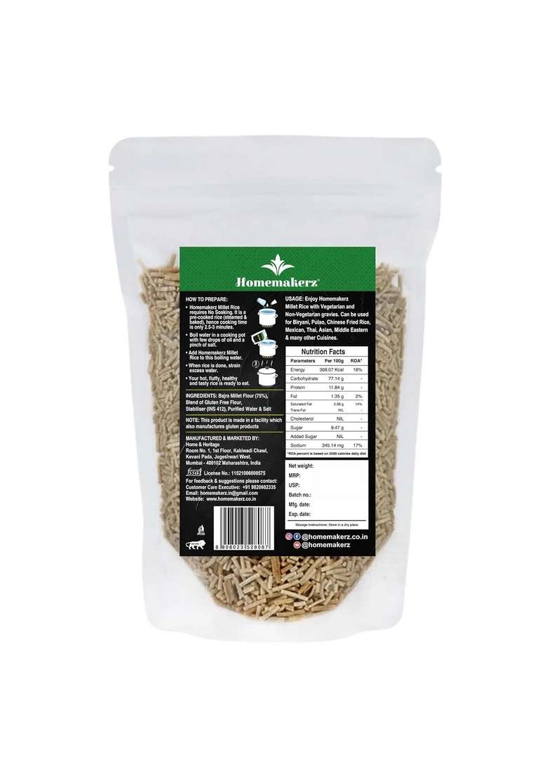Homemakerz Bajra Millet Rice | Rich In Dietary Fiber High Protein Ready 3 Mins - 250 Gm - Indya
