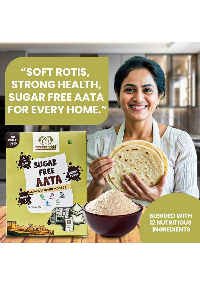 Mobile Chakki Diabetic Friendly Multigrain Atta | Sugar-Free & Wheat-Free Flour For Sugar Control Low Gi-33 High Fiber Celiacs, Diabetes Weight Loss, 1Kg