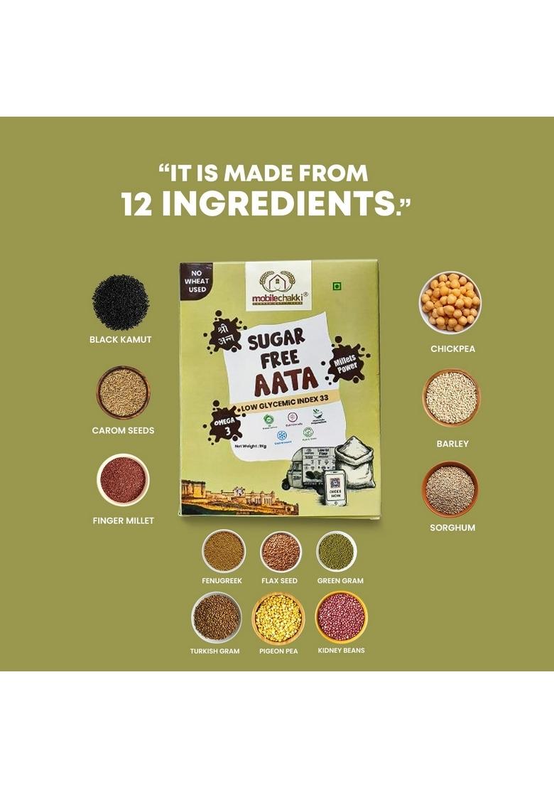 Mobile Chakki Diabetic Friendly Multigrain Atta | Sugar-Free & Wheat-Free Flour For Sugar Control Low Gi-33 High Fiber Celiacs, Diabetes Weight Loss, 1Kg