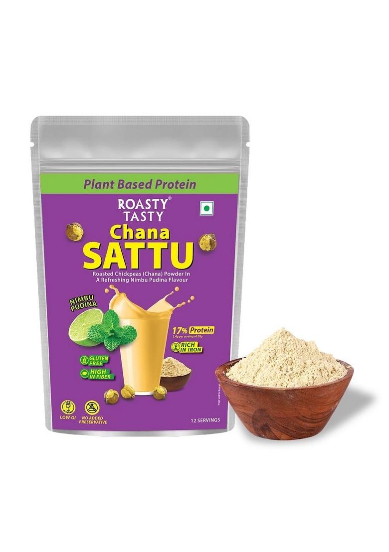 Roasty Tasty Chana Sattu Powder | Nimboo Pudina Flavor Plant Based Protein Energy Booster High In Fiber Healthy Food Roasted Atta Gluten Free 250 Gm