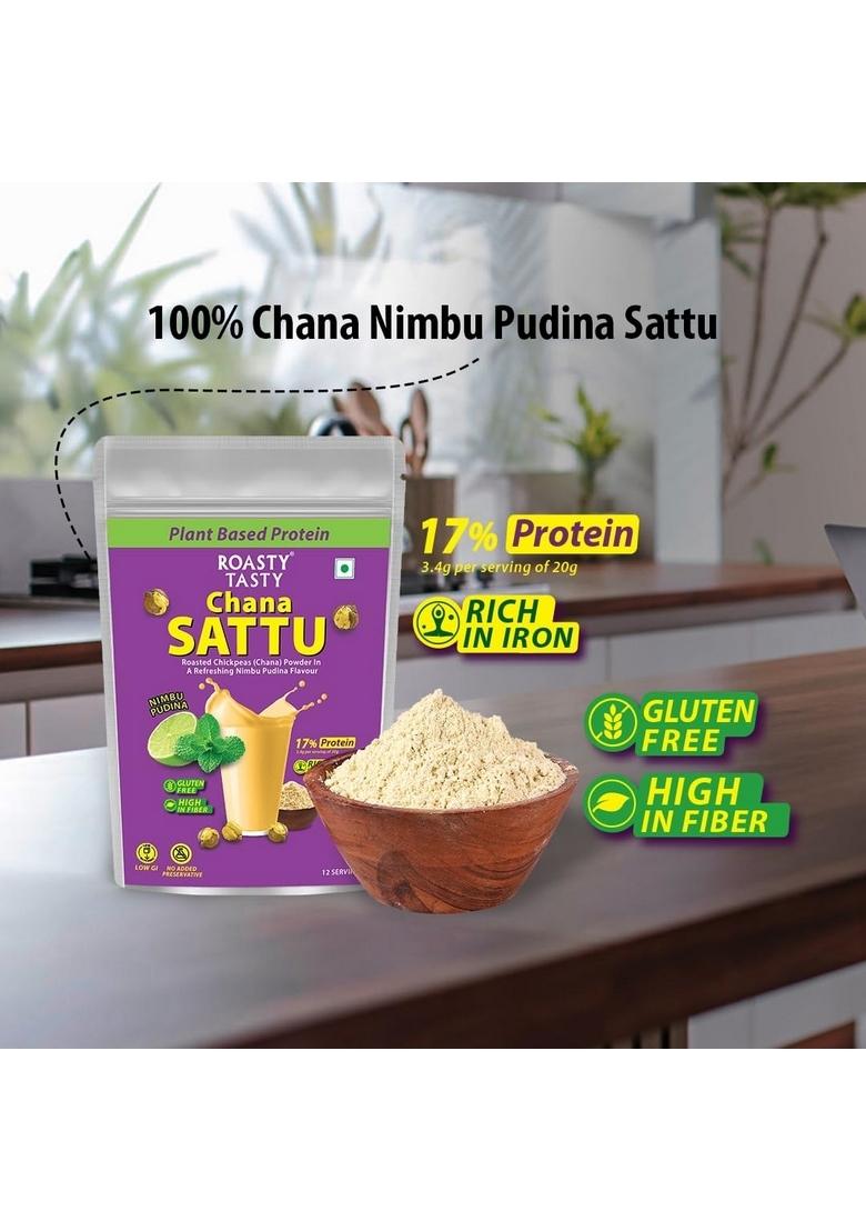 Roasty Tasty Chana Sattu Powder | Nimboo Pudina Flavor Plant Based Protein Energy Booster High In Fiber Healthy Food Roasted Atta Gluten Free 250 Gm