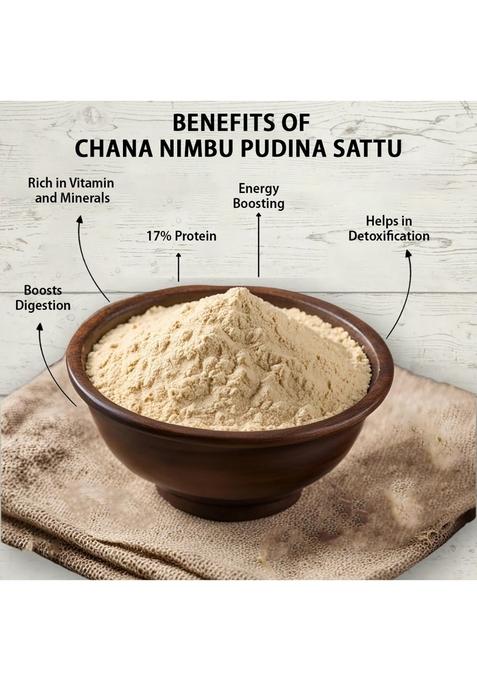 Roasty Tasty Chana Sattu Powder | Nimboo Pudina Flavor Plant Based Protein Energy Booster High In Fiber Healthy Food Roasted Atta Gluten Free 250 Gm