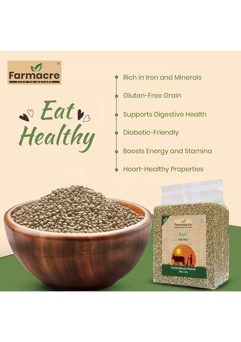 Farmacre With Logo Premium Bajra Millets 500 Gm Rich In Nutrients Gluten Free High Fibre Unpolished Whole Grain Kambu Pearl Millet Perfect For Breakfast - Indya