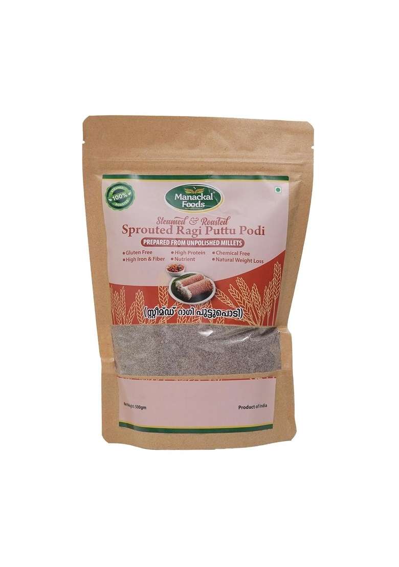 Manackal Foods Sprouted Ragi Puttu Podi | Steamed & Roasted Natural Healthy Breakfast Flour Gluten-Free No Preservatives 500G - Indya