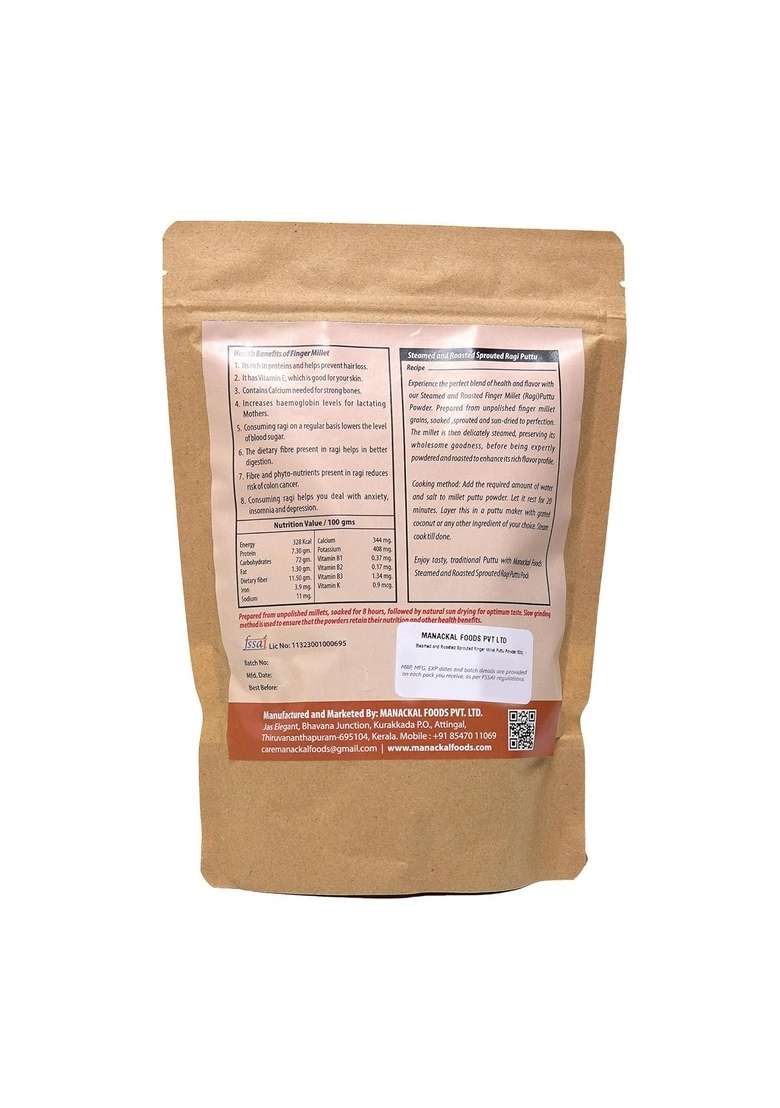 Manackal Foods Sprouted Ragi Puttu Podi | Steamed & Roasted Natural Healthy Breakfast Flour Gluten-Free No Preservatives 500G - Indya