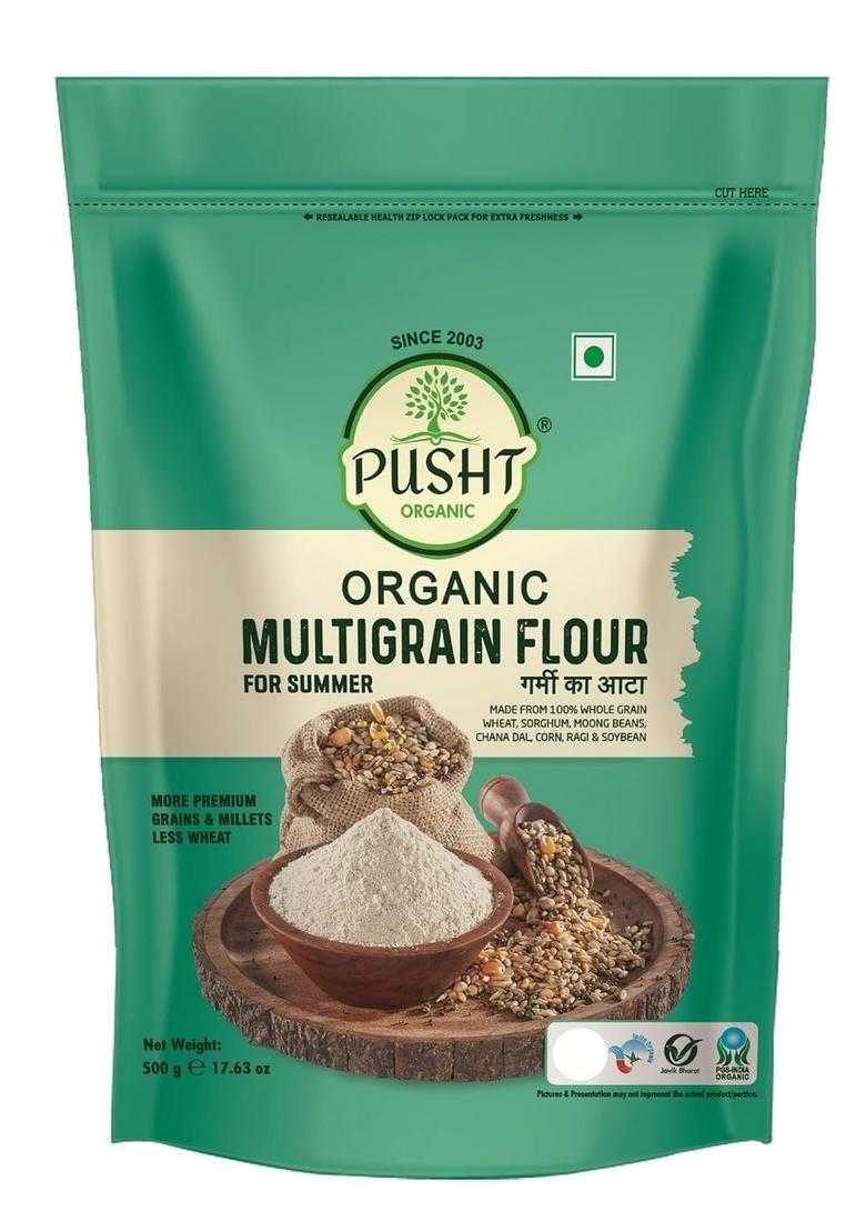 Pusht Organic Multigrain Atta For Summer | Cooling & Light Made With Wheat, Ragi, Jowar, Pulses Easy To Digest 500G