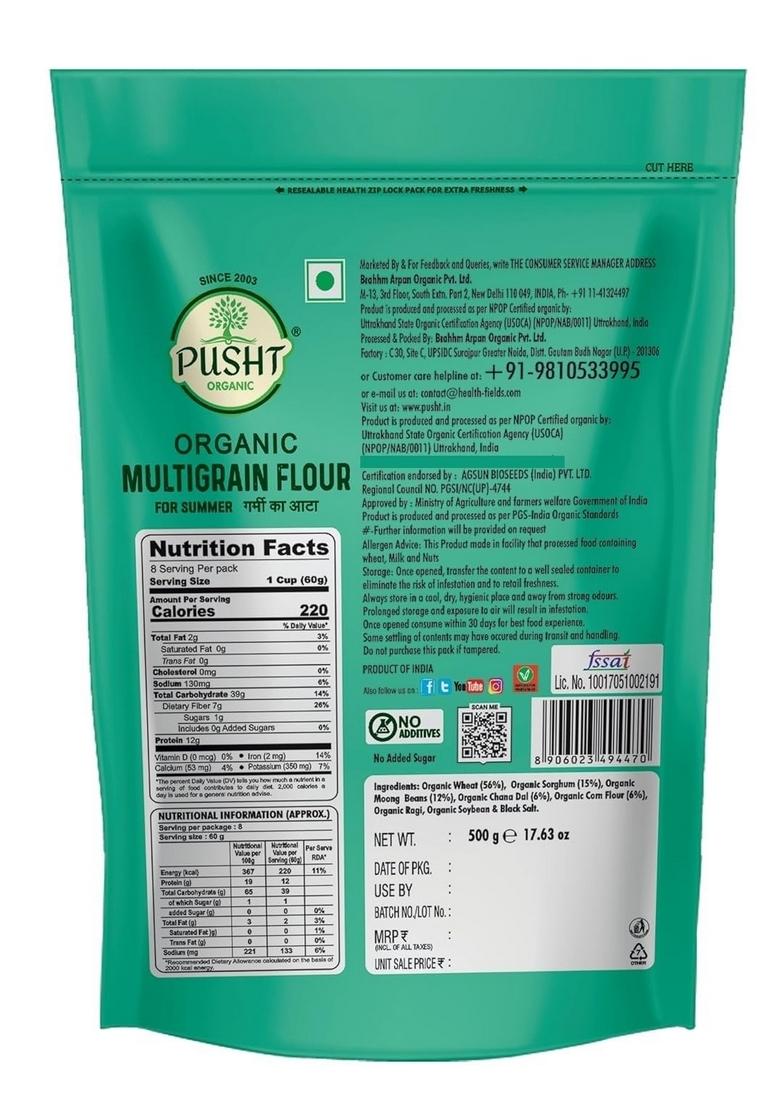 Pusht Organic Multigrain Atta For Summer | Cooling & Light Made With Wheat, Ragi, Jowar, Pulses Easy To Digest 500G