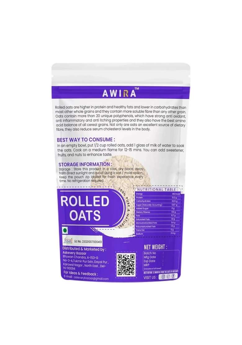 Awira Rolled Oats, High Fibre And 100% Wholegrain Healthy Breakfast 500Gm - Indya