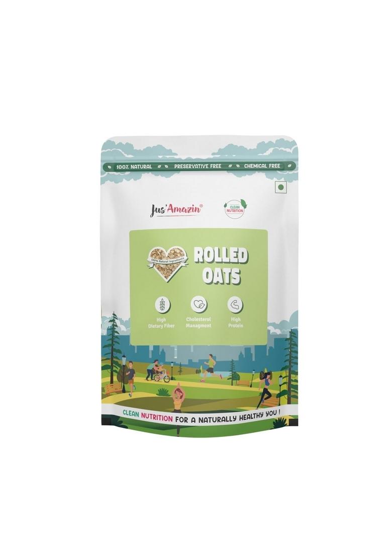 Jus' Amazin Rolled Oats (500G) | High Protein With Beta Glucan Fiber Cholesterol Management Helps In Weight Loss Naturally Gluten Free Clean Nutrition 100% Natura