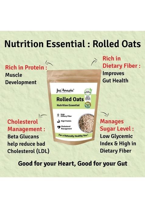 Jus' Amazin Rolled Oats (500G) | High Protein With Beta Glucan Fiber Cholesterol Management Helps In Weight Loss Naturally Gluten Free Clean Nutrition 100% Natura