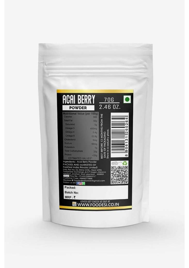 Foodesi Acai Berry Natural Fruit Powder 70 Gm - Indya