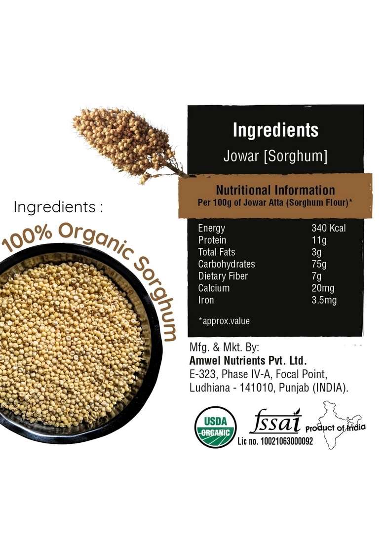 Amwel Organic Jowar Atta | Sorghum Millet Flour 450G Jawar Ka Aata High Protein (Vaccum Packed) - Indya
