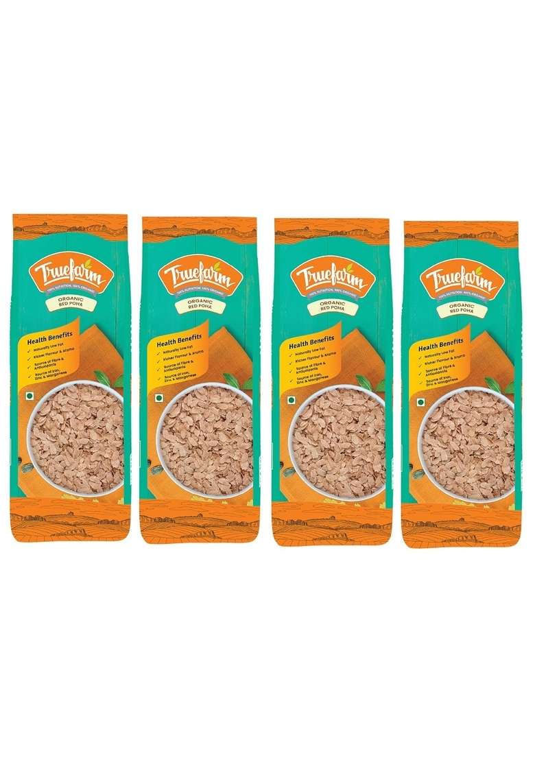 Truefarm Organic Red Poha | Flattened Rice Low Fat Thin Flakes, Rich In Fibre And Antioxidants Easily Digestible & Helps Lower Blood Pressure Npop Certified Pack Of 4 (300G Each) - Indya