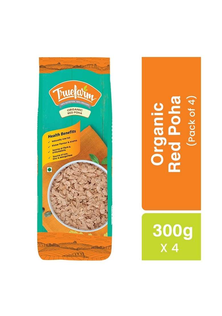 Truefarm Organic Red Poha | Flattened Rice Low Fat Thin Flakes, Rich In Fibre And Antioxidants Easily Digestible & Helps Lower Blood Pressure Npop Certified Pack Of 4 (300G Each) - Indya