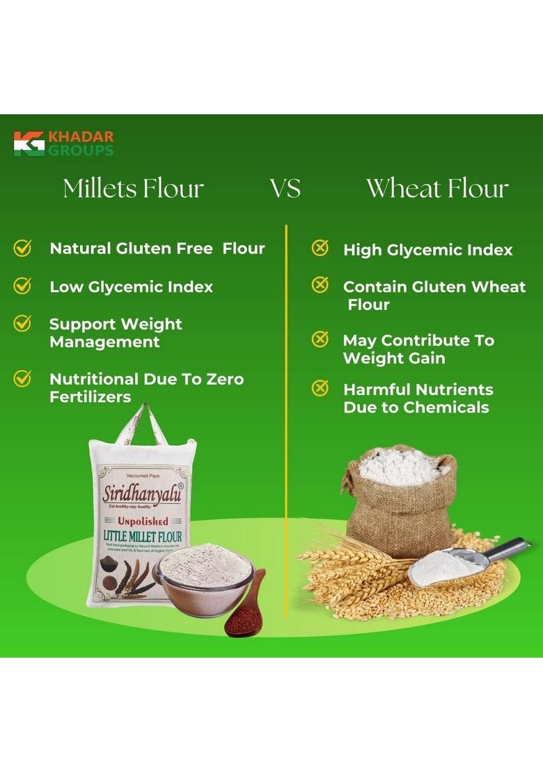 Siridhanyalu Little Millet Flour (Unpolished & Organic) | Gluten Free Atta (Powder) For Diabetes Weightloss New Tech Rock-Hard Vacuumed Pack