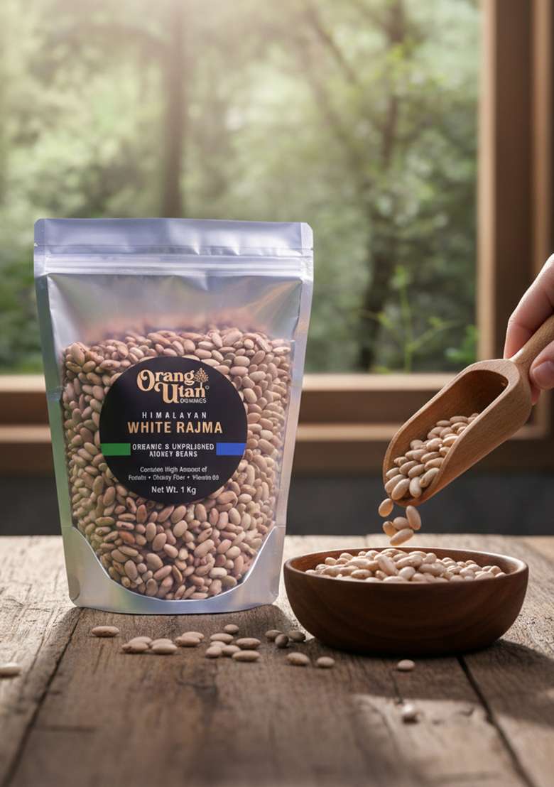 Orang Utan Himalayan White Rajma From Harshil Valley | Natural, Unpolished & Protein-Rich Pulses Farm-Sourced By Organics (500 G) - Indya