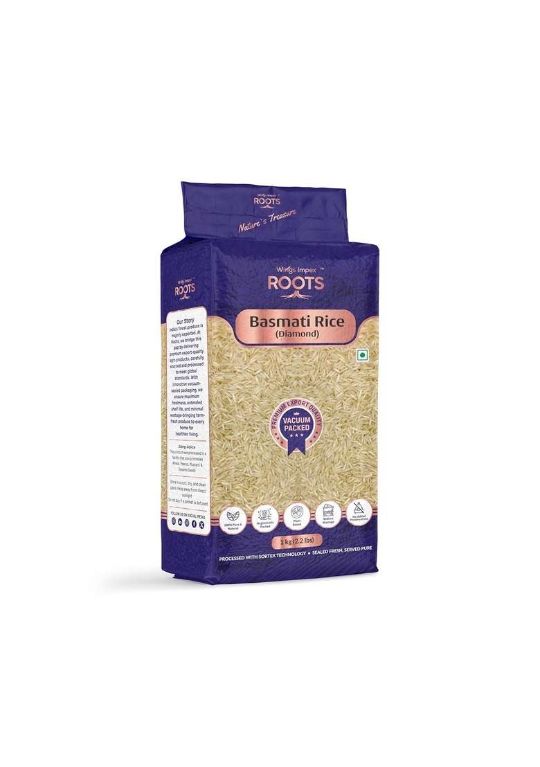 Wings Impex Roots Diamond Basmati Rice 1 Kg | Long Grain Aromatic Premium Export Quality Vacuum Packed Aged Pesticides Free Preservatives 100% Pure & Natural - Indya