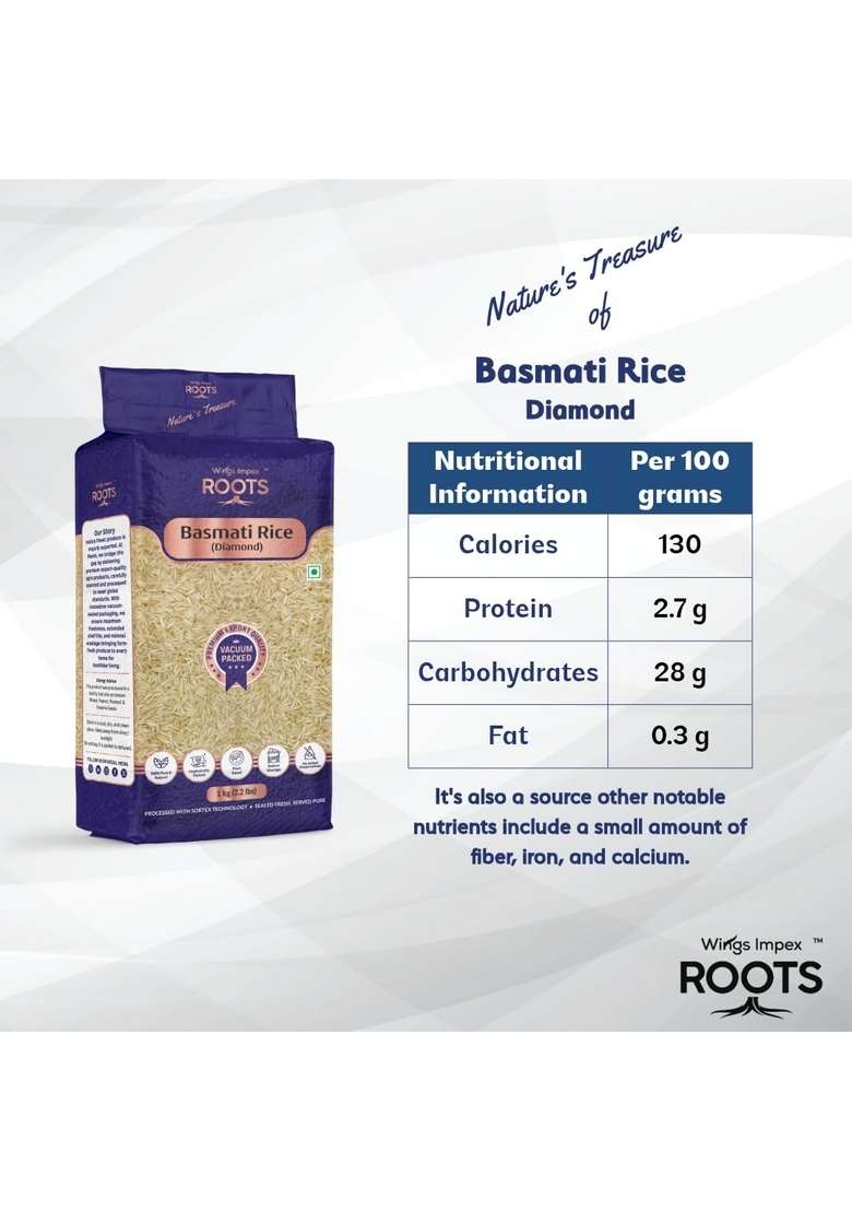 Wings Impex Roots Diamond Basmati Rice 1 Kg | Long Grain Aromatic Premium Export Quality Vacuum Packed Aged Pesticides Free Preservatives 100% Pure & Natural - Indya