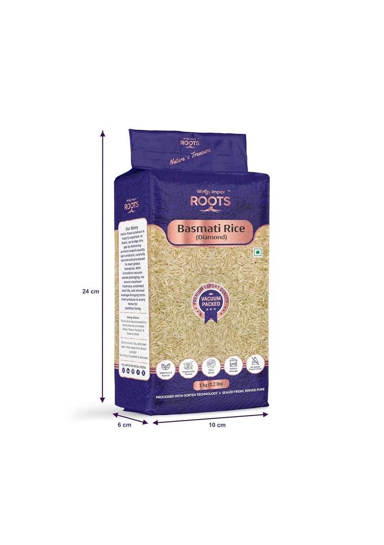 Wings Impex Roots Diamond Basmati Rice 1 Kg | Long Grain Aromatic Premium Export Quality Vacuum Packed Aged Pesticides Free Preservatives 100% Pure & Natural - Indya