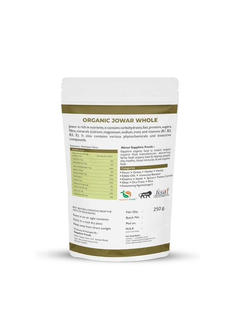 Sapphire Foods Organic Jowar, Whole Jowar -100% Wholegrain | Naturally Gluten Free Sorghum. (250 Gram), Grain Millets Wholegrains Millet Sorghum Healthy Grains. - Indya