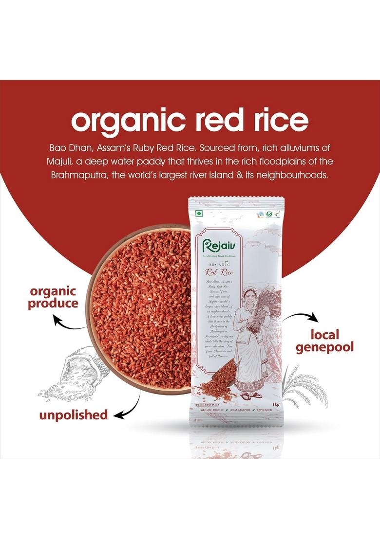 Rejaiv Organic Red Rice | High Fiber & Iron Naturally Processed Whole Grain 1 Kg Pack