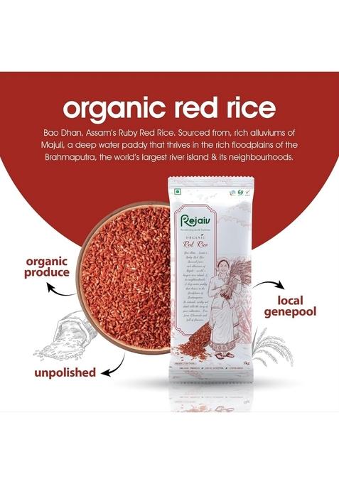 Rejaiv Organic Red Rice | High Fiber & Iron Naturally Processed Whole Grain 1 Kg Pack