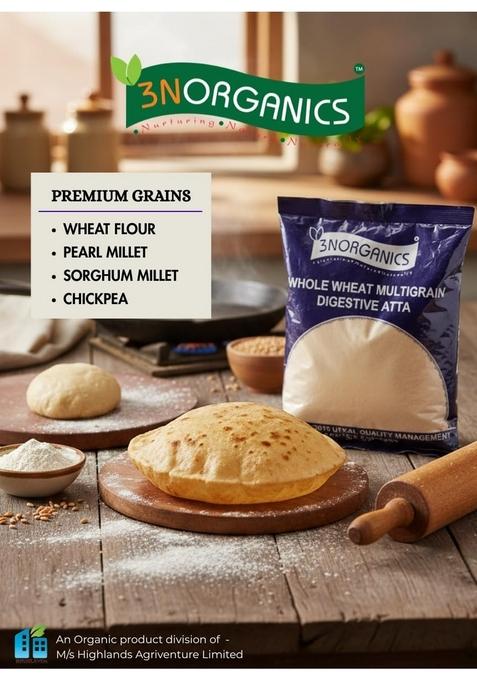 3N Organics Multigrain Atta Flours | Millet Mix With Ragi, Bajra, Oats, Jowar Gluten-Free| High Protein, Fiber (500 Gm (Pack Of 1))