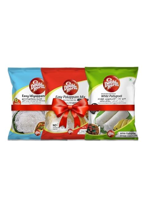 Double Horse Authentic Kerala Style Breakfast Combo Pack 500G X Of 3 |White Puttu Podi| Easy Idiyappam Palappam Soft & Fluffy| Export Quality| Nutritious| Healthy Brekfast