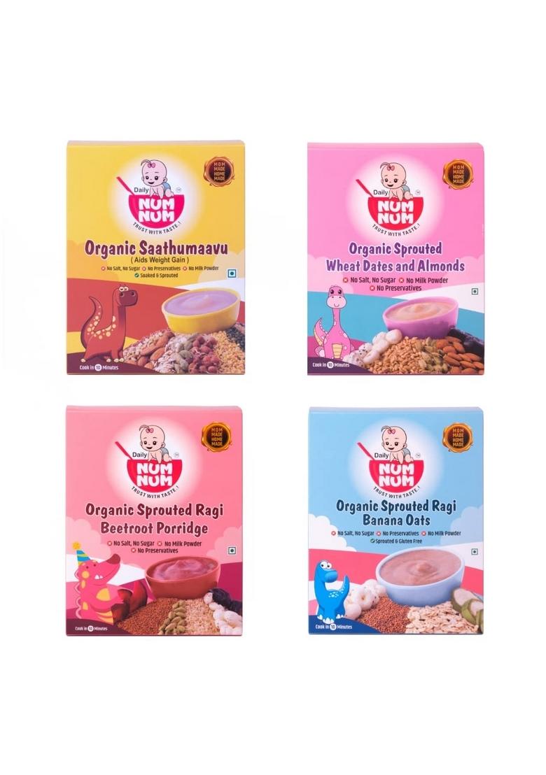 Num Cereals For Kids | Organic Weight Gain Combo Pack No Salt, Sugar Multi Grain Sprouted Healthy Ragi Wheat Millets Baby Food Cereal Milk Powder 4 Trial Packs , 50 Gms Each
