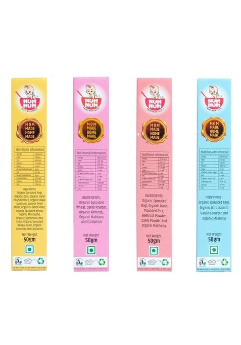 Num Cereals For Kids | Organic Weight Gain Combo Pack No Salt, Sugar Multi Grain Sprouted Healthy Ragi Wheat Millets Baby Food Cereal Milk Powder 4 Trial Packs , 50 Gms Each