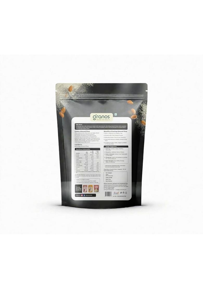 Granos Almond Flour 400G | Badam Atta Healthy Gluten Free 100 Natural & Vegan Blanched Almonds For Baking Breads, Cakes And Making Rotis Low Carbs Keto Diet Friendly