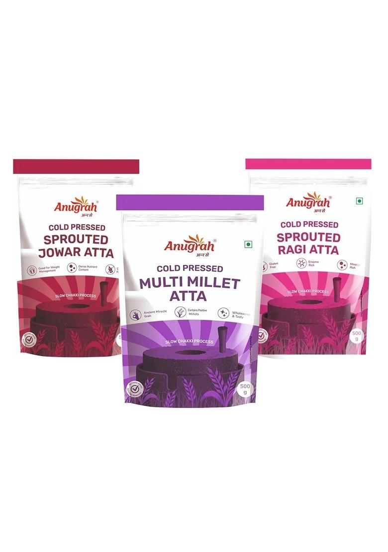Anugrah Cold Pressed Jowar Atta, Ragi Multi Millet Atta 500G Each Gluten-Free, High-Fiber, Wholesome & Nutritious | Stone Ground, All-Natural