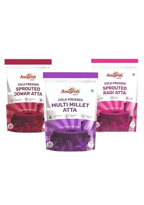 Anugrah Cold Pressed Jowar Atta, Ragi Multi Millet Atta 500G Each Gluten-Free, High-Fiber, Wholesome & Nutritious | Stone Ground, All-Natural