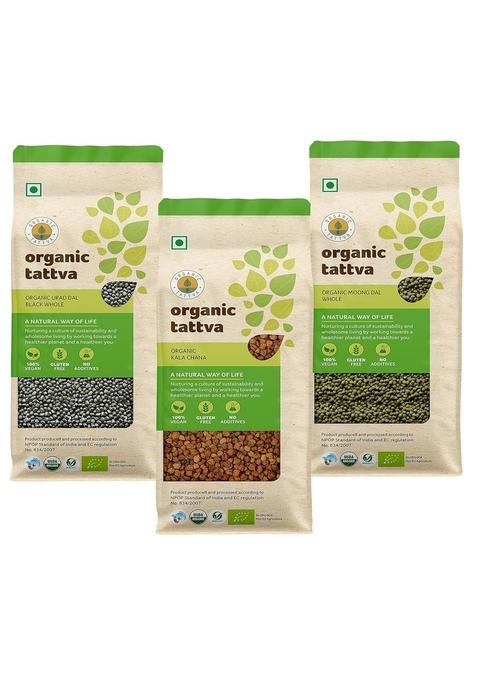 Organic Tattva Tattva, Pulses Dal Sprouts Combo Kala Chana 1Kg, Green Moong 1Kg And Urad Black 500G Wholesabut Pack