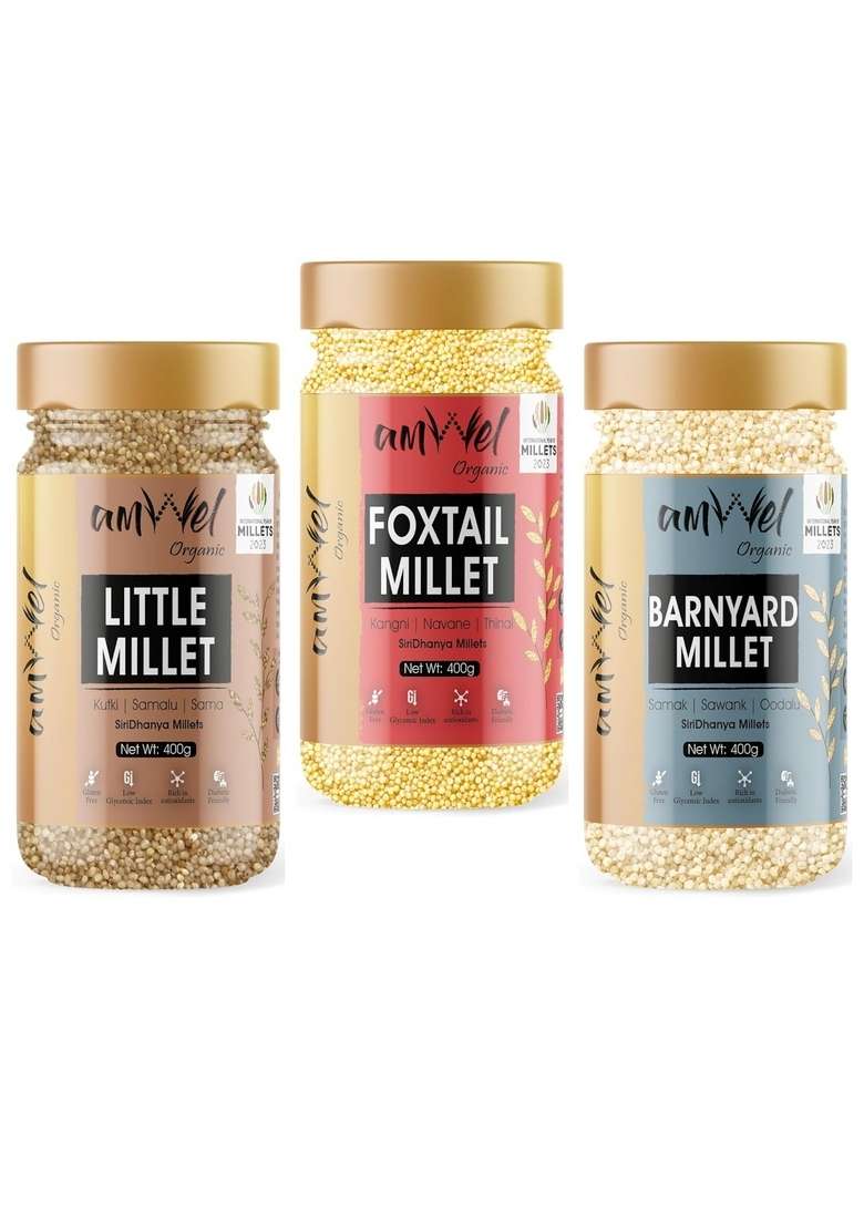 Amwel Organic Combo Little + Foxtail Barnyard Millet 400G X 3 | Kutki Shaan Kangni Thinai Samak Swang Positive Millets Raw Unpolished Grain Rice - Indya