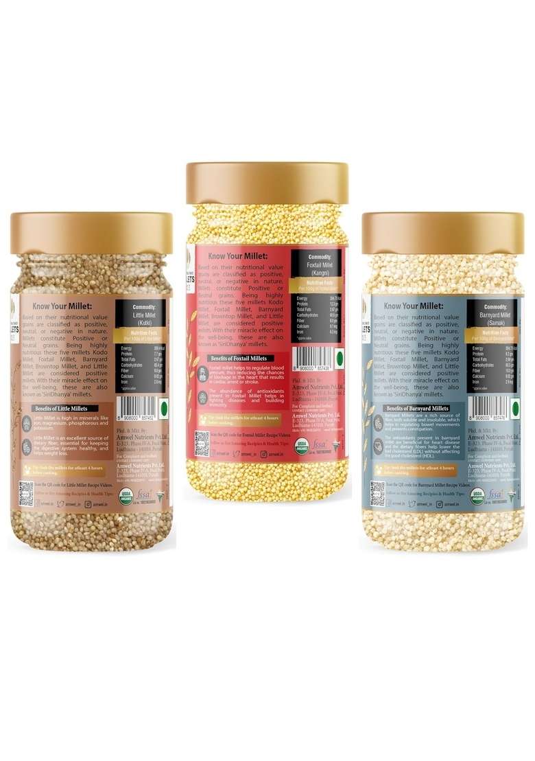 Amwel Organic Combo Little + Foxtail Barnyard Millet 400G X 3 | Kutki Shaan Kangni Thinai Samak Swang Positive Millets Raw Unpolished Grain Rice - Indya